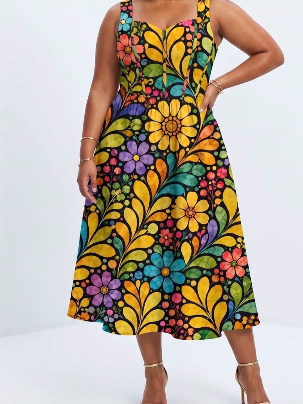 Vibrant Floral Midi Dress in Yellow and Multicolor